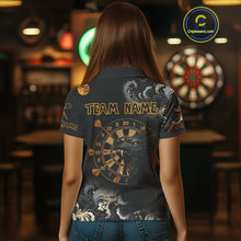 Load image into Gallery viewer, Black Ferocious Wolf &amp; Gold Dartboard Darts Team Shirt For Women - Customizable Name NYN0389