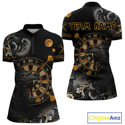 Black Ferocious Wolf & Gold Dartboard Darts Team Shirt For Women - Customizable Name NYN0389
