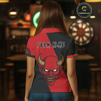 Red Evil Horned Skull Funny Darts Shirt For Women - Customizable Name & Team NYN0396