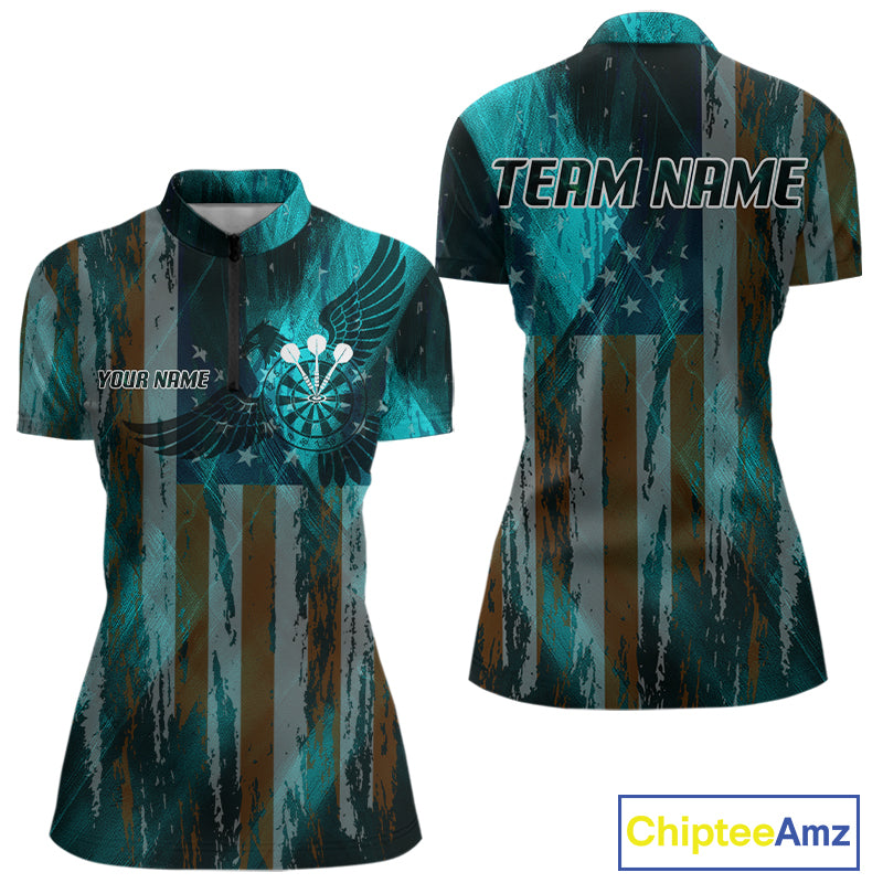 American Flag Eagle Dartboard Women's Darts Shirt Custom Name & Team | Opt3 - Turquoise NYN0661