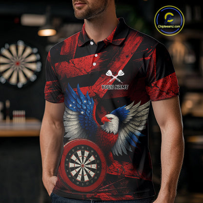 US Flag Eagle Dartboards Grunge Men's Darts Shirt Custom Name & Team | Opt1 - Red NYN0665