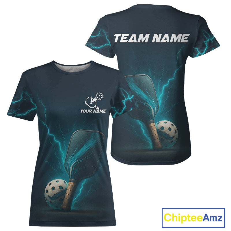 Custom Lightning Blue Pickleball Ball & Paddle T-Shirt For Women Outfits Pickleball Jerseys NYN1274