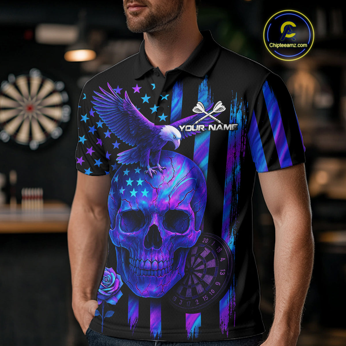 Custom Holographic US Flag Patriotic Darts Shirt For Men Dart Eagle Skull Jerseys NYN1278