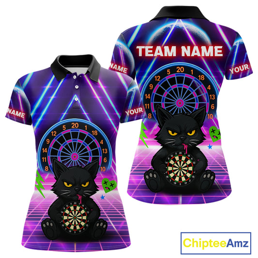 Dark Cat & Neon Electric Women's Darts Shirt - Custom Name For Dart Players NYN0416