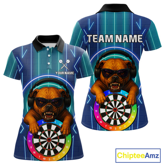 Darts & Cool Bulldog Tech Neon Women's Darts Shirt - Custom Name For Dart Players NYN0418