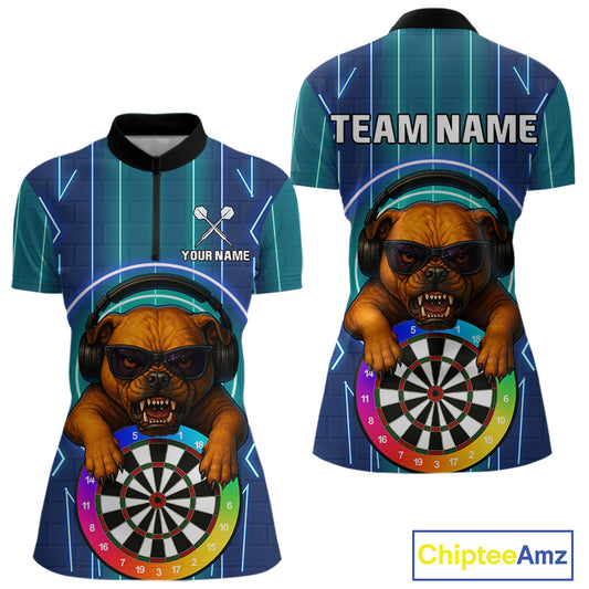 Darts & Cool Bulldog Tech Neon Women's Darts Shirt - Custom Name For Dart Players NYN0418