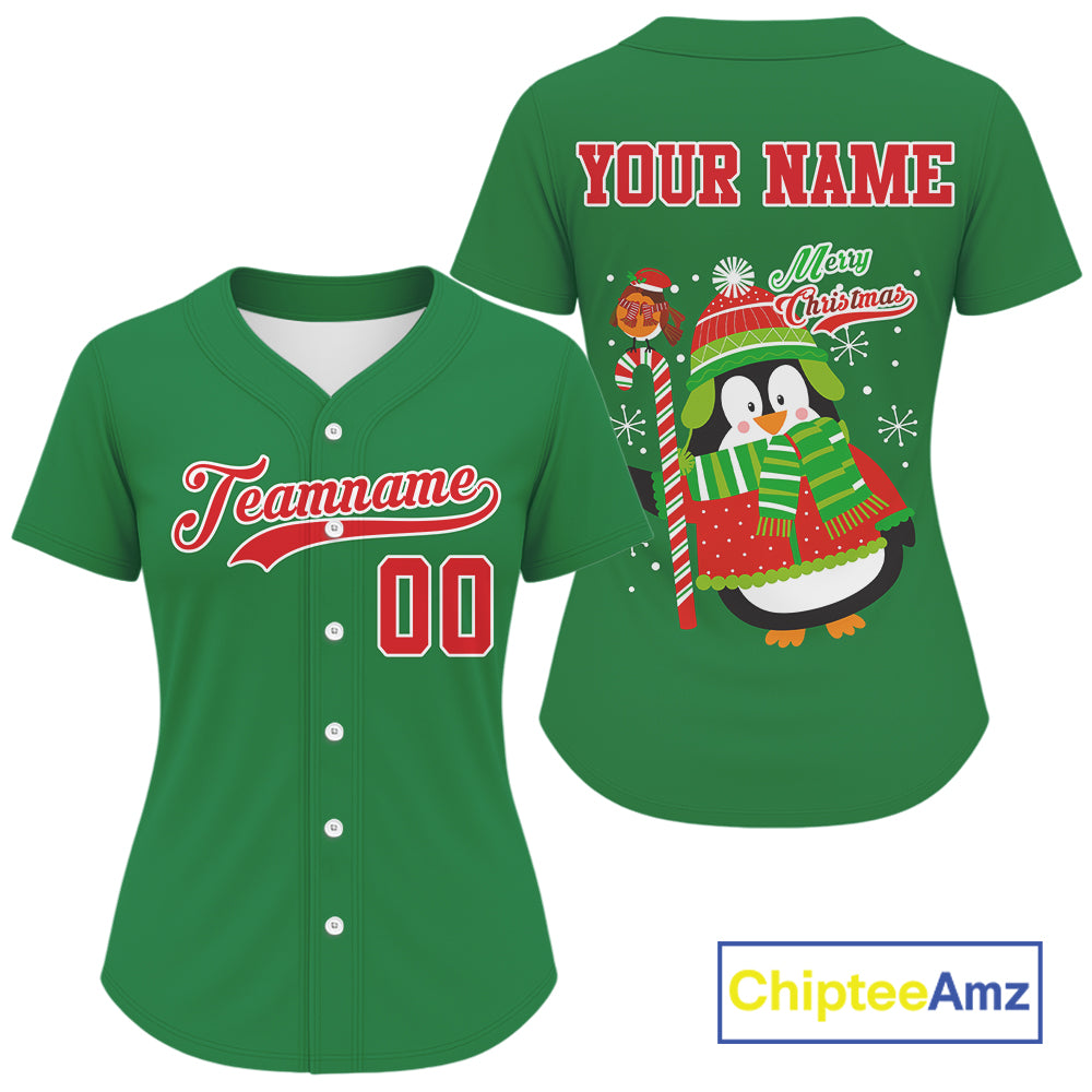 Custom Green Penguin Christmas Women's Baseball Jersey Baseball Gifts For Xmas Holiday NYN1302