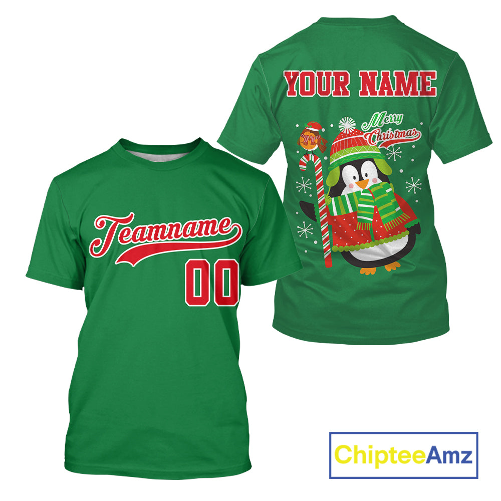 Custom Green Penguin Christmas Men's Baseball T-Shirt Baseball Gifts For Xmas Holiday NYN1302