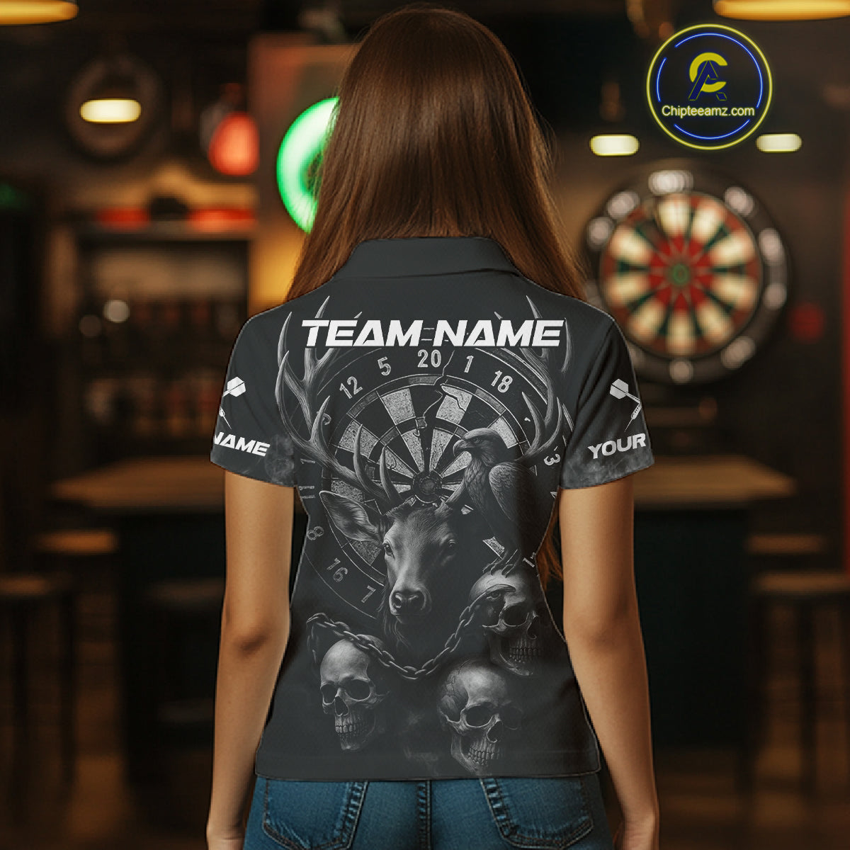 Custom Black Deer And Skull Cracked Dartboard Polo Dart Shirt For Women Dart Outfit Team Jersey NYN1312