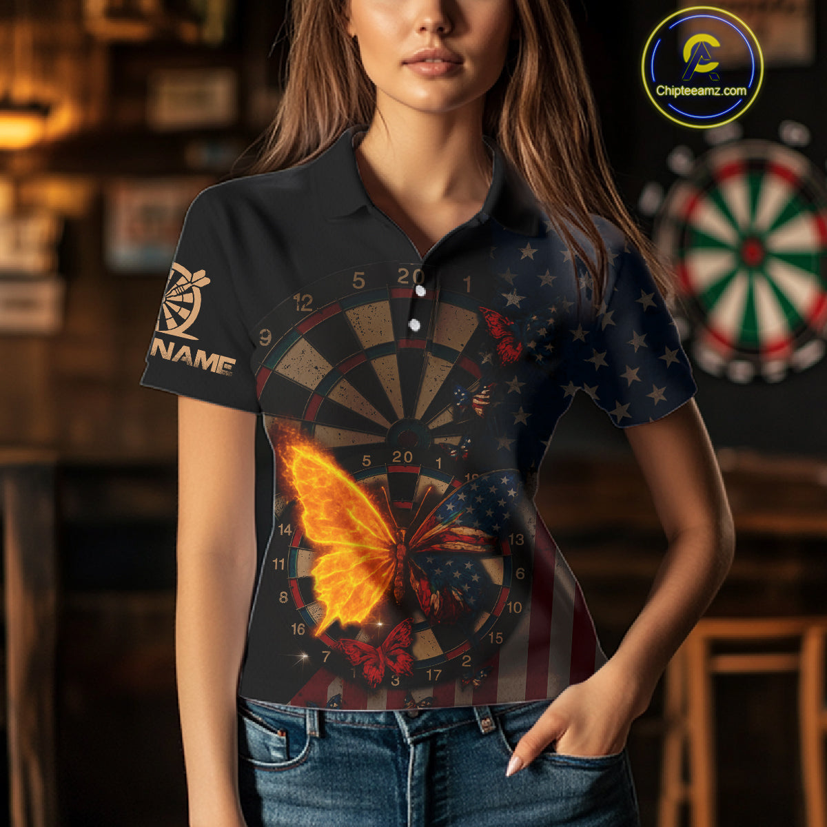 Custom Flame Butterflies Patriotic Polo Dart Shirt USA Flag Dartboard Dart Jersey For Women NYN1315