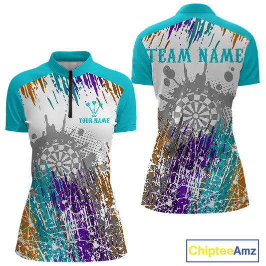 Dartboard Colorful Splashed Women's Darts Shirt - Custom Name For Players | Opt2 - Turquoise NYN0684