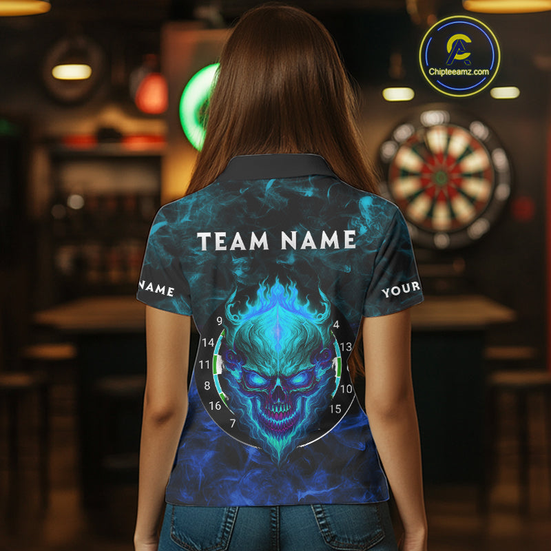 Flame Skull Dartboard Women's Darts Polo Shirt - Custom Name For Players NYN0746