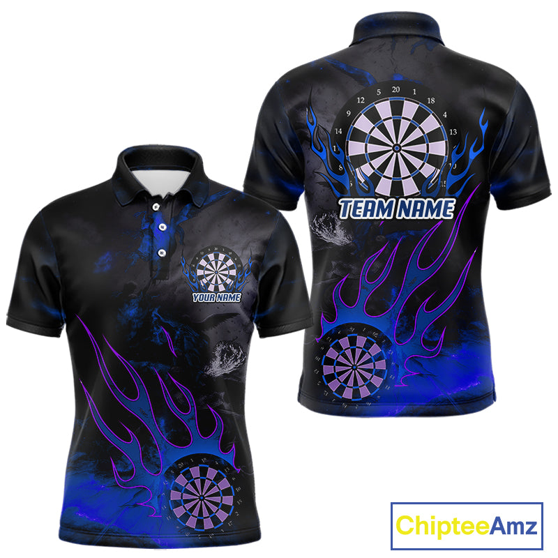 Flaming Dartboard Grunge Custom Blue Dart Polo Shirts For Men, Dart Team Jerseys NYN0795