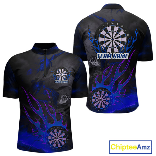 Flaming Dartboard Grunge Custom Blue Dart 1/4-Zip Shirts For Men, Dart Team Jerseys NYN0795