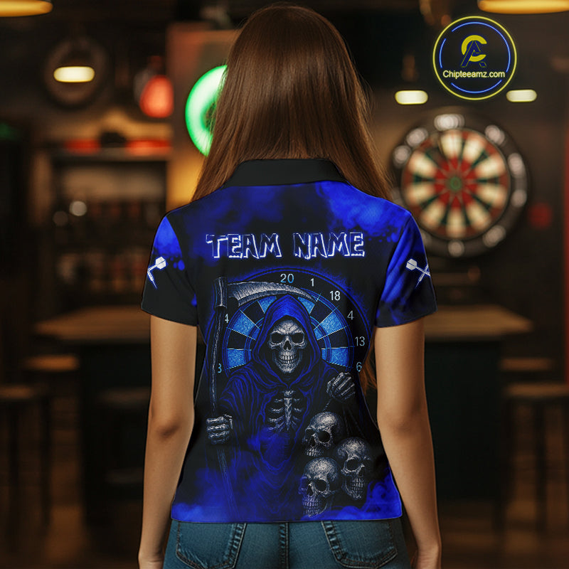 Grim Reaper With Skulls Navy Smoke Women's Darts Team Shirt - Custom Name For Players NYN0501