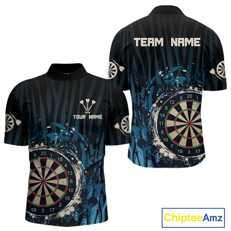 Men’s Custom Darts Team Shirt With Blue Splashed Art, Black Stripes And Dartboard NYN0255