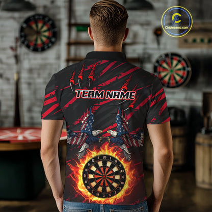 Flaming Darts & US Flag Eagle Men's Red Darts Polo Shirt - Custom Name For Dart Players NYN0802