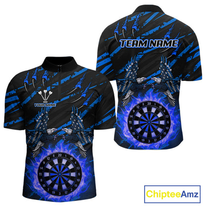 Flaming Darts & US Flag Eagle Men's Blue Darts 1/4-Zip Shirt - Custom Name For Dart Players NYN0803