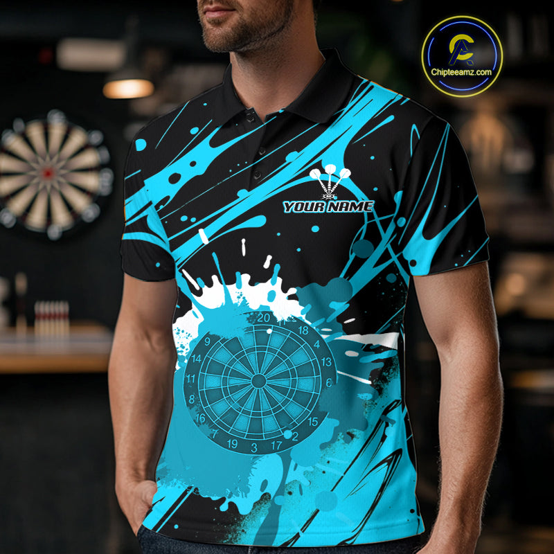 Splashed Color Dartboard Grunge Men's Darts Shirt Custom Name & Team | Opt3 - Turquoise NYN0650