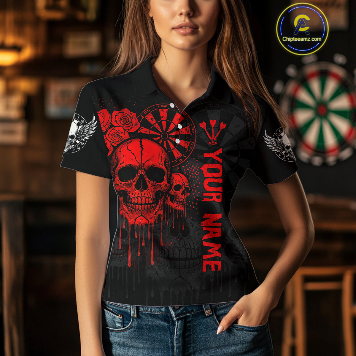 Red Dripping Skulls & Darts Women's Grunge Darts Shirt - Custom Name For Players NYN0510