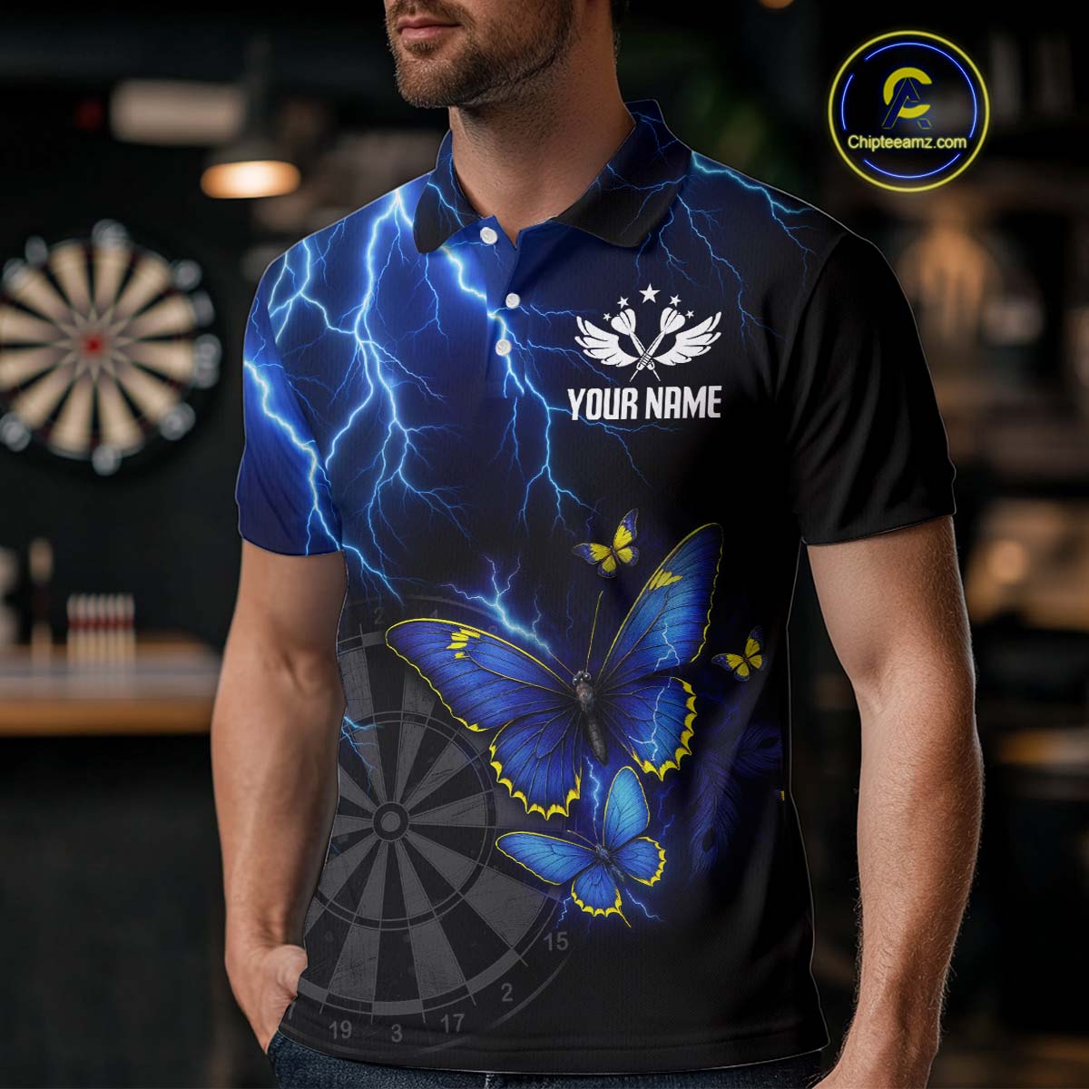 Custom Men Polo Darts Shirt With Navy Lightning & Glowing Butterfly, Darts Jersey NYN1018