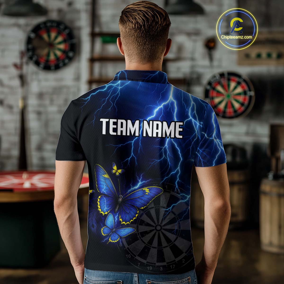 Custom Men Polo Darts Shirt With Navy Lightning & Glowing Butterfly, Darts Jersey NYN1018