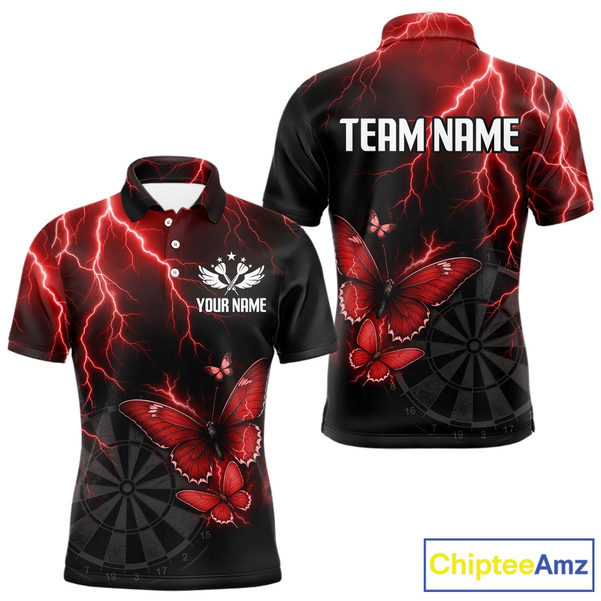 Custom Men Polo Darts Shirt With Maroon Lightning & Glowing Butterfly, Darts Jersey NYN1019