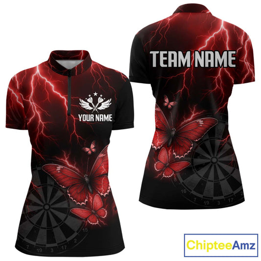 Custom Women's 1/4-Zip Darts Shirt With Maroon Lightning & Glowing Butterfly, Darts Jersey NYN1019