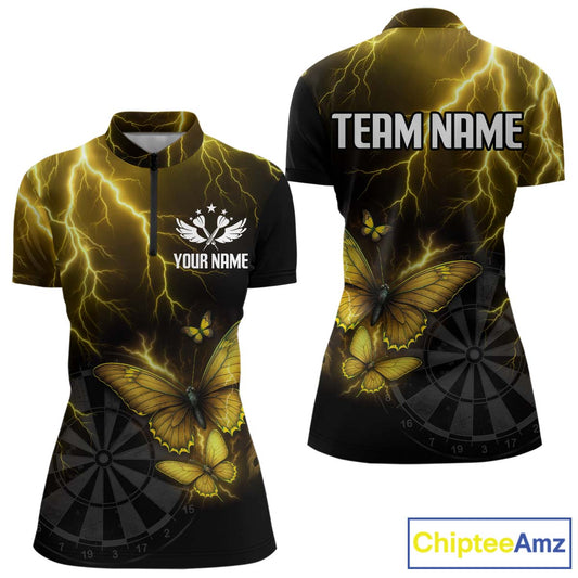 Custom Women's 1/4-Zip Darts Shirt With Yellow Lightning & Glowing Butterfly, Darts Jersey NYN1020