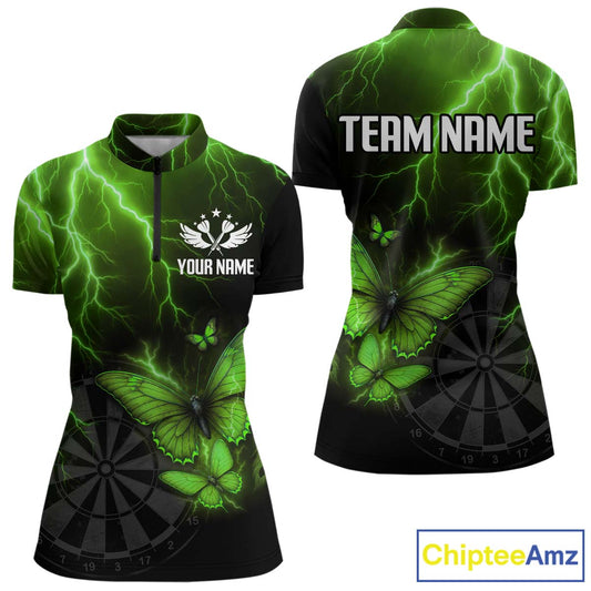 Custom Women's 1/4-Zip Darts Shirt With Emerald Lightning & Glowing Butterfly, Darts Jersey NYN1021