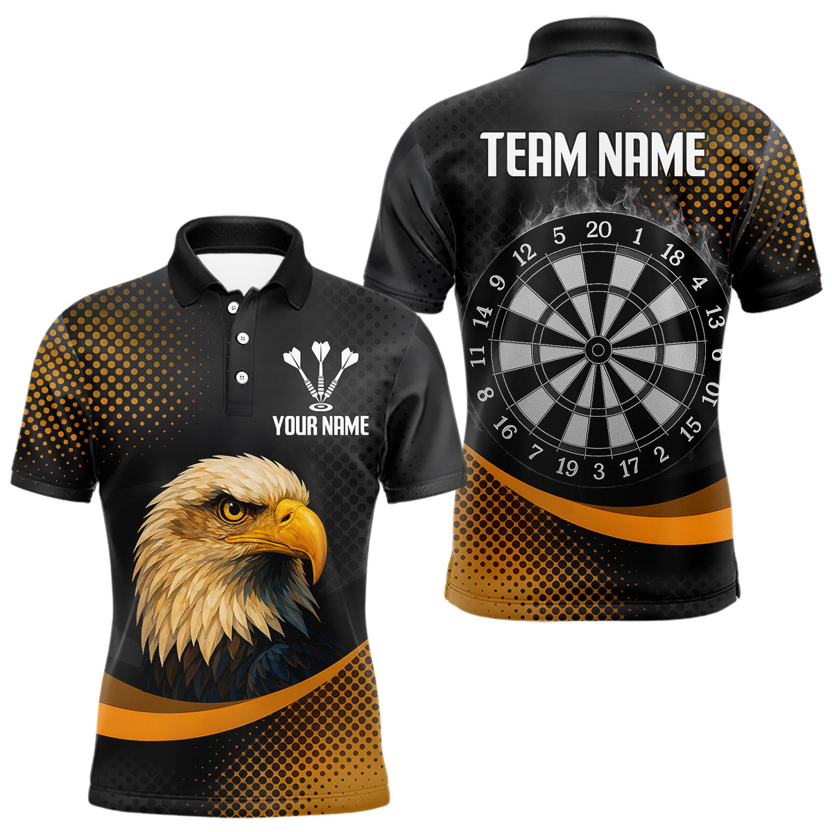 Custom Men’s Darts Shirt, Pearl Eagle With Yellow Halftone And Smoky Dartboard NYN0302
