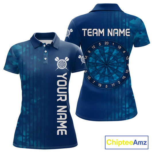 Women’s Darts Team Shirt - Navy Camo Pattern And Dartboard | Custom Name Option NYN0317