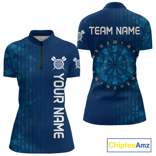 Women’s Darts Team Shirt - Navy Camo Pattern And Dartboard | Custom Name Option NYN0317