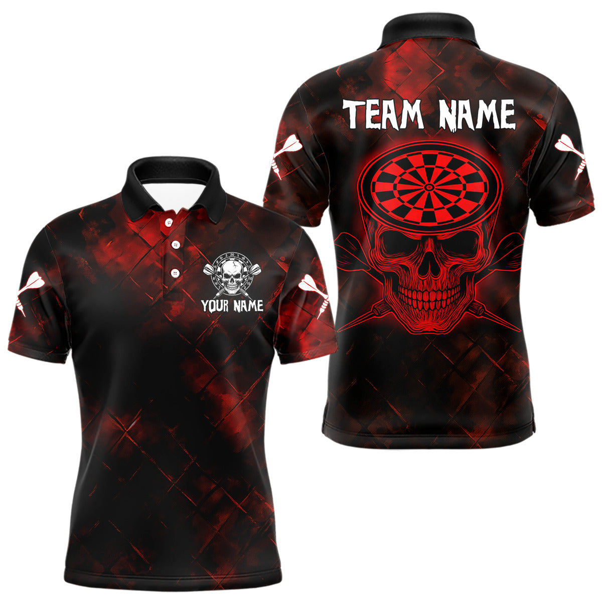 Men's Custom Darts Team Shirt - Skull & Dartboard Graphic With Grunge Red Pattern NYN0320