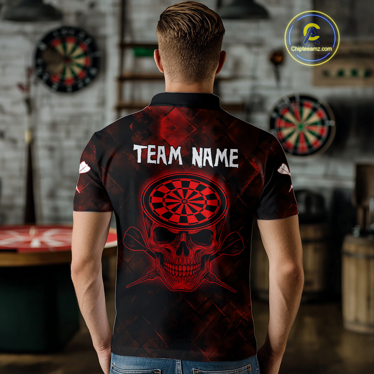 Men's Custom Darts Team Shirt - Skull & Dartboard Graphic With Grunge Red Pattern NYN0320