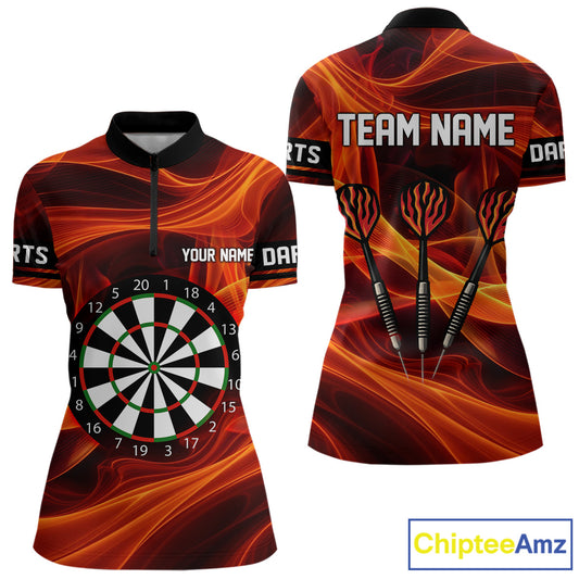 Orange Waving Lines Flame Dart Arrow Women's Darts Shirt - Custom Name & Team Jersey NYN0588