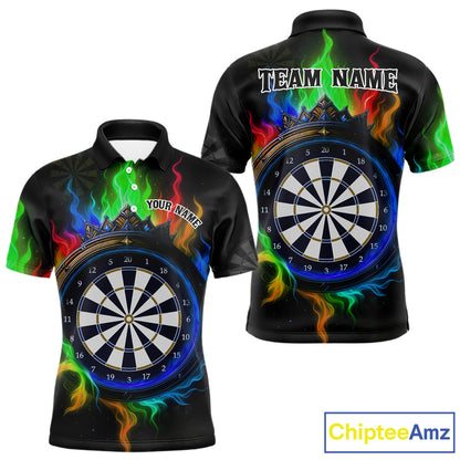 Multicolor Flaming & Blue Dartboard Darts Shirt For Men - Custom Name & Team Jersey NYN0621