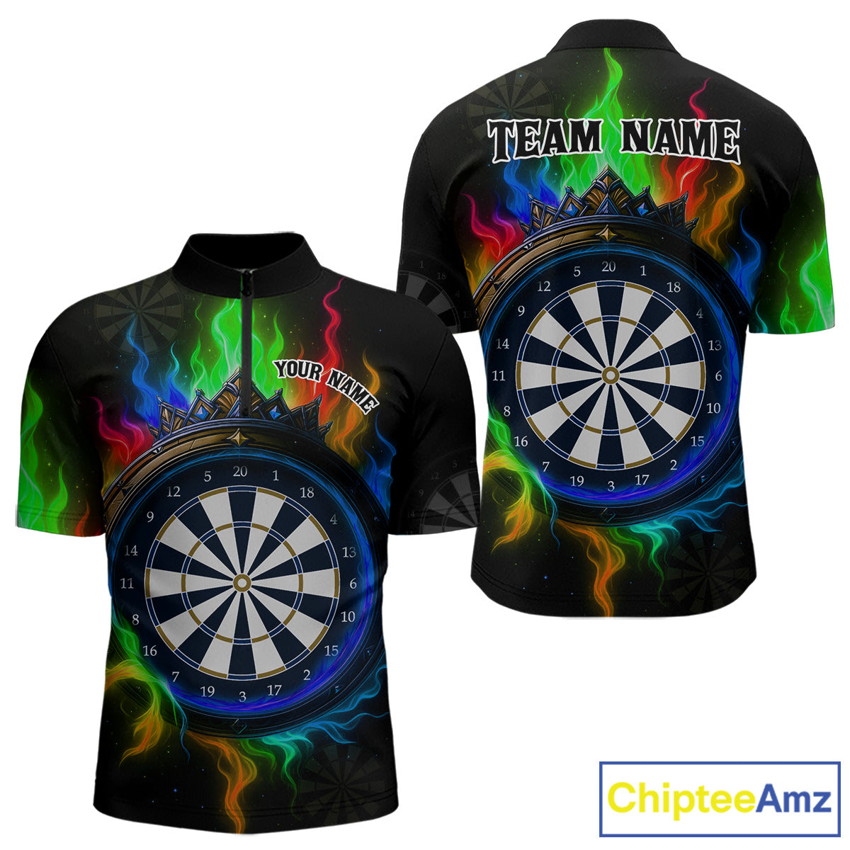 Multicolor Flaming & Blue Dartboard Darts Shirt For Men - Custom Name & Team Jersey NYN0621