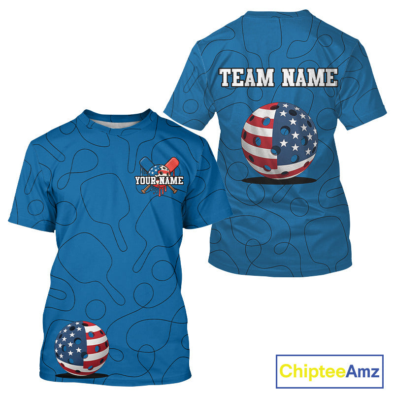 Custom Blue Patriotic Pickleball T-Shirt For Men Outfits US Flag Pickleball Jersey NYN0917