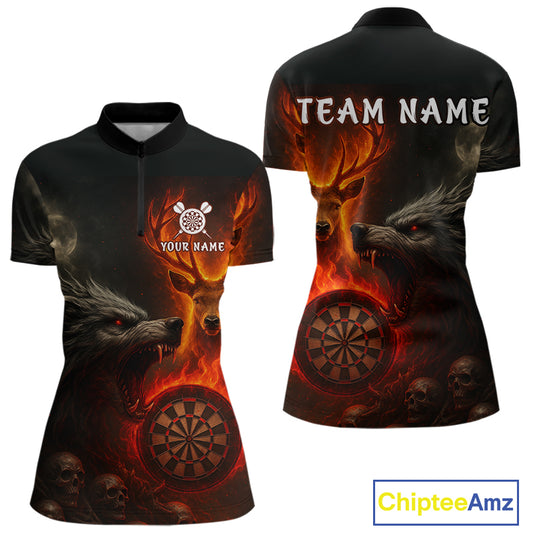 Custom Wolf Flaming Deer Dartboard 1/4-Zip Dart Shirt For Women Outfits Flame Dart Team Jersey NYN1313