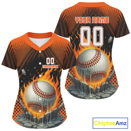Custom Black And Orange Flames Baseball Ball Jersey For Women Baseball Tournament Team Shirt NYN0958