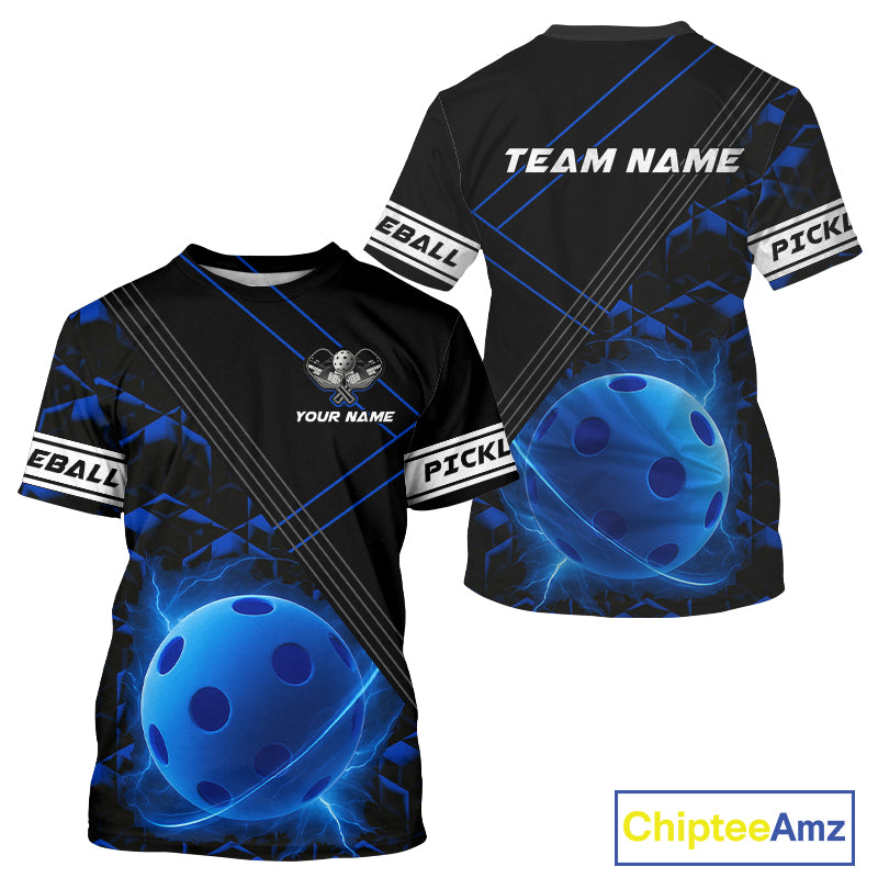 Custom Black And Lightning Blue Pickleball Ball T-Shirt For Men Outfits Pickleball Jerseys NYN1341