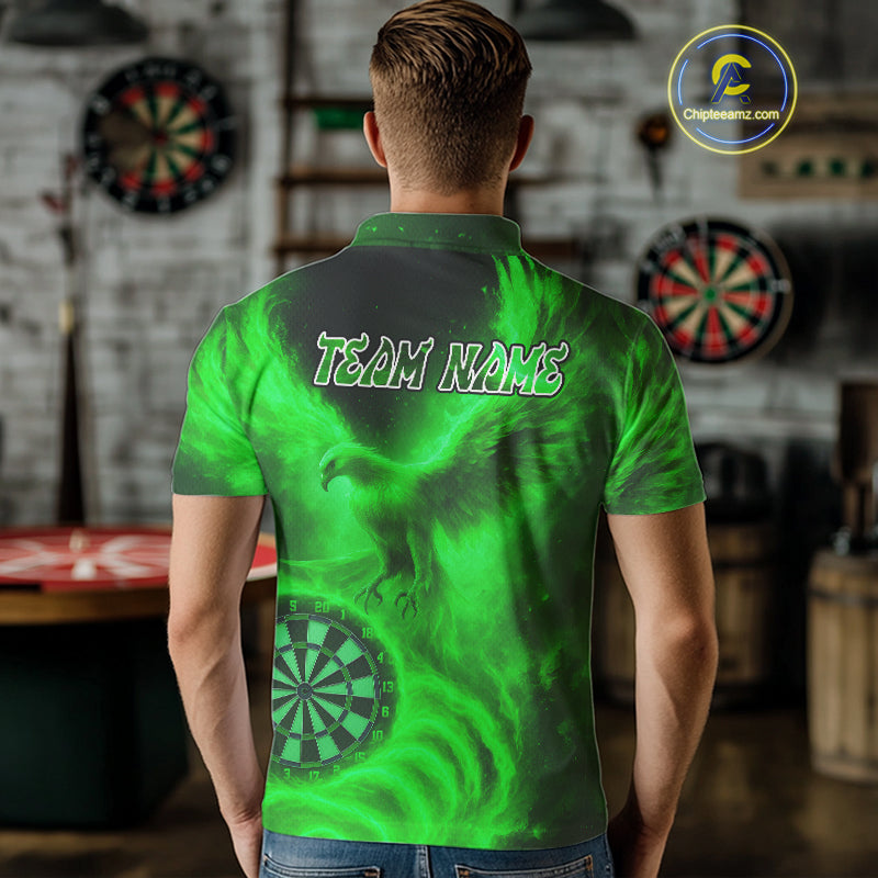 Men's Darts Polo Shirt Personalized Flaming Phoenix Dartboard Darts Jersey | Green NYN1027