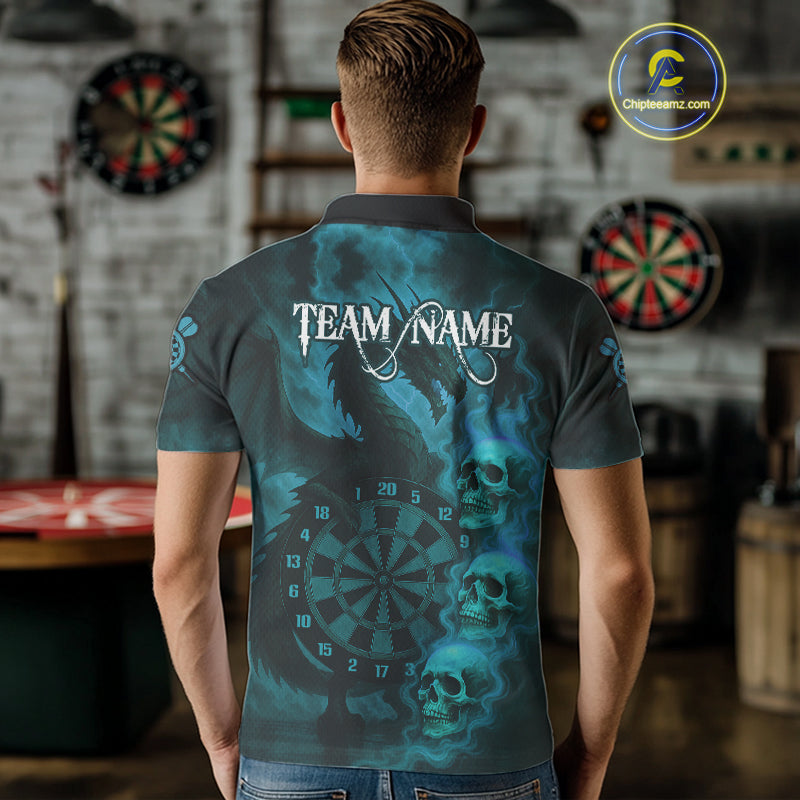 Custom Skull Dragon Turquoise Dartboard Men Polo & 1/4-Zip Dart Shirt, Darts Team Jerseys NYN1092