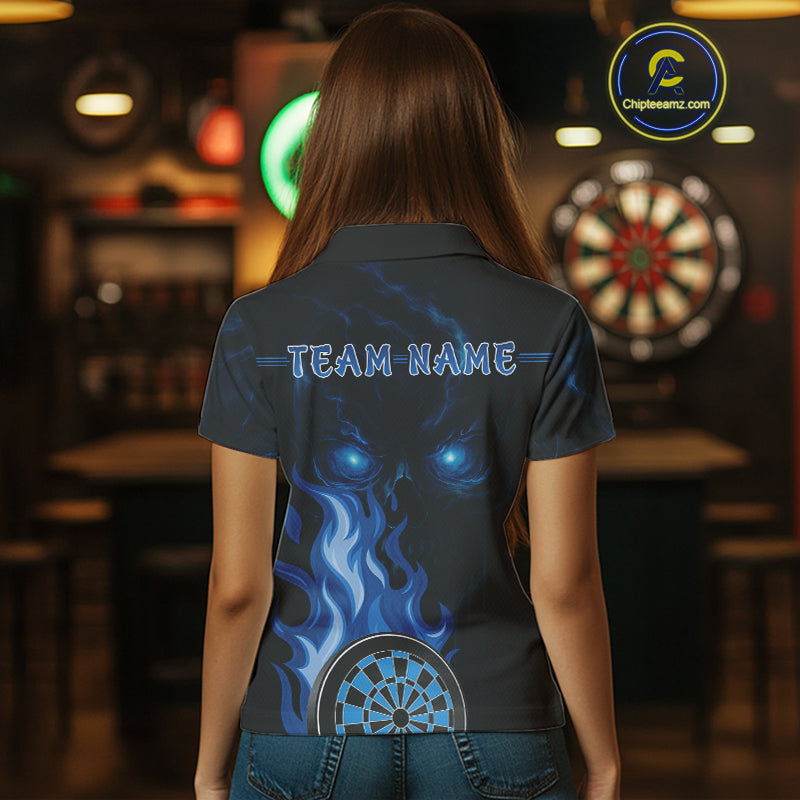 Custom Black And Blue Flames Skull Dartboard Polo Dart Shirt For Women Outfit Dart Team Jerseys NYN0925
