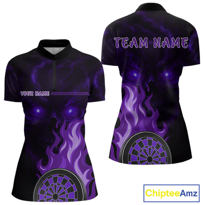 Custom Black And Purple Flames Skull Dartboard 1/4-Zip Dart Shirt For Women Outfit Dart Team Jerseys NYN0927