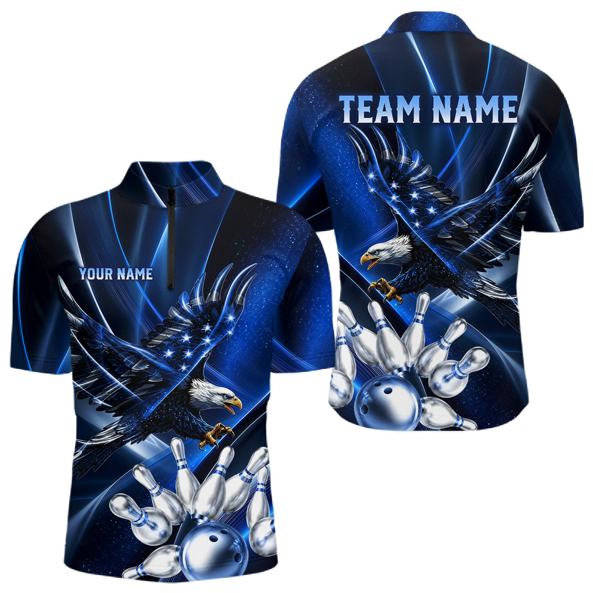 Blue Galaxy Eagle Bowling Shirt For Men Custom Polo Quarter-Zip Bowling Team Jersey NYN3680
