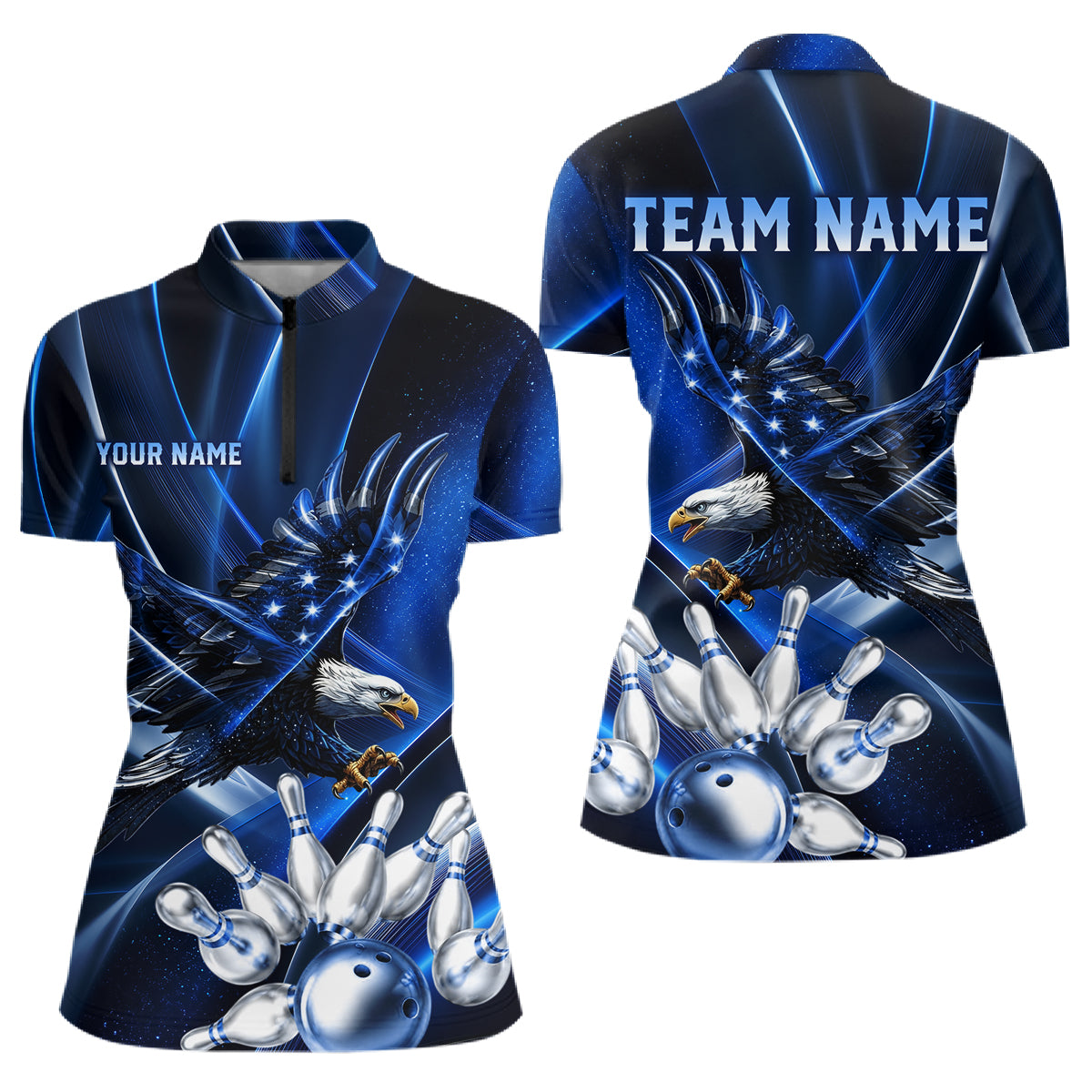 Blue Galaxy Eagle Bowling Shirt For Women Custom Polo Quarter-Zip Bowling Team Jersey NYN3680