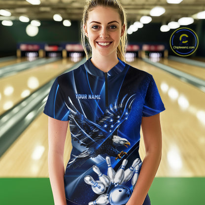 Blue Galaxy Eagle Bowling Shirt For Women Custom Polo Quarter-Zip Bowling Team Jersey NYN3680