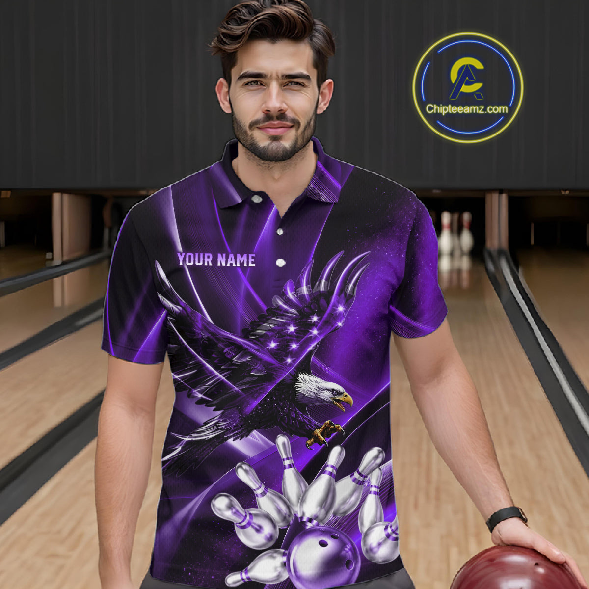 Purple Galaxy Eagle Bowling Shirt For Men Custom Polo Quarter-Zip Bowling Team Jersey NYN3681